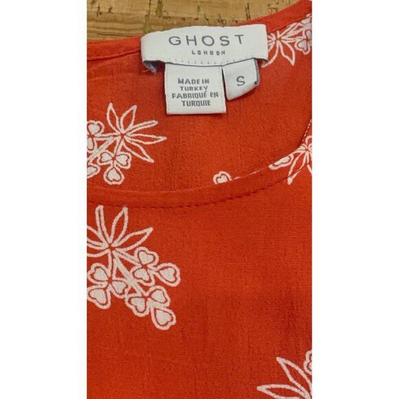 Ghost London Women's Red Orange Printed Crew-Neck Ruffle Crepe Midi Dress Size S - Picture 6 of 10
